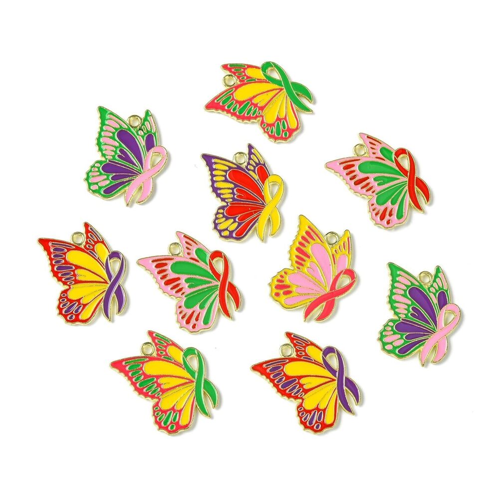2522 30Pcs 6 Colors Butterfly Ribbon Charms Enamel Cancer Ribbon Pendants